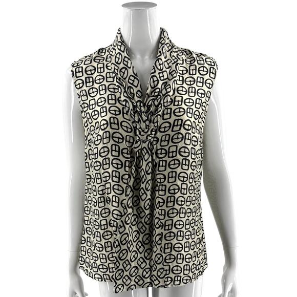 Talbots Womens Silk Sleeveless Top Sz 12 Black Beige Knotted Neck Printed Blouse - Picture 1 of 6